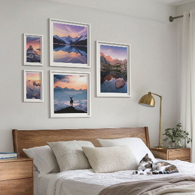 Billedkomposition til væg Refleksioner over bjergsolnedgang
