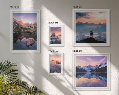 Billedkomposition til væg Refleksioner over bjergsolnedgang