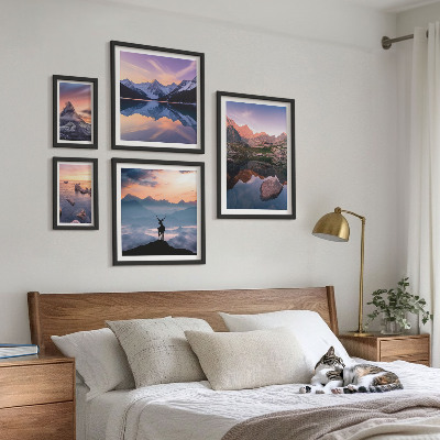 Billedkomposition til væg Refleksioner over bjergsolnedgang