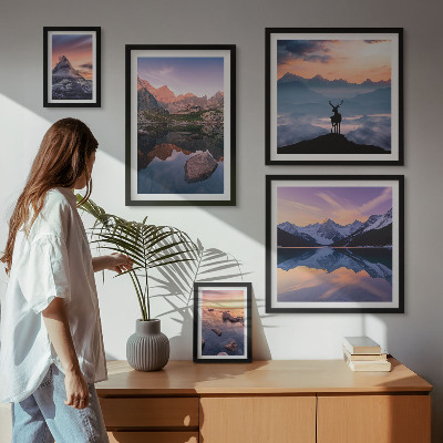 Billedkomposition til væg Refleksioner over bjergsolnedgang