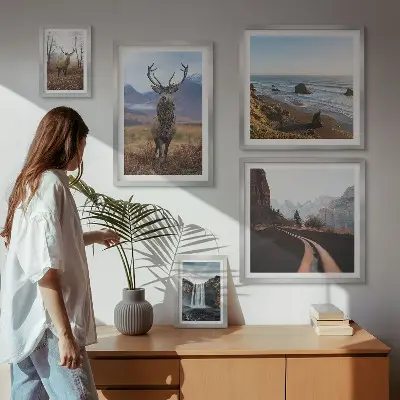 Billedkomposition til væg med natur, vilde dyr og landskaber