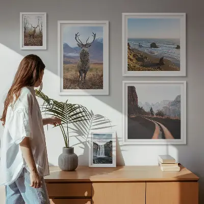 Billedkomposition til væg med natur, vilde dyr og landskaber