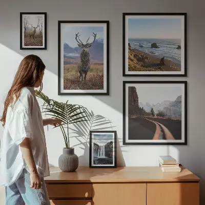 Billedkomposition til væg med natur, vilde dyr og landskaber