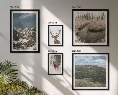 Billedsæt over sofa med motiv af vild natur og majestætiske bjerge