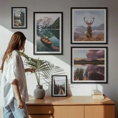 Billedkomposition til væg med landskaber af bjerge og søer i naturen