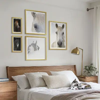Hesteportrætter i kunstneriske stilarter billedsæt til ophængning over sofa