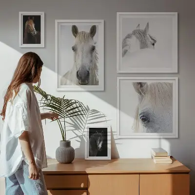 Hesteportrætter i kunstneriske stilarter billedsæt til ophængning over sofa