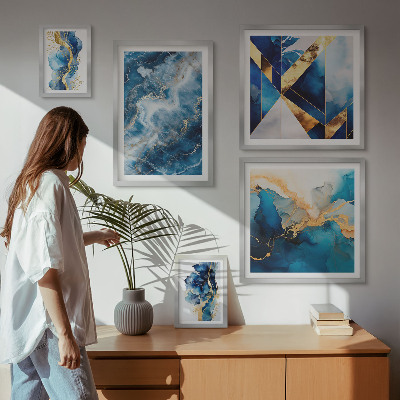 Billedsæt over sofa Abstrakte blå kompositioner