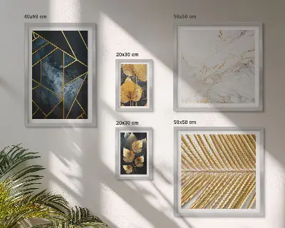Billedsæt til væg over sofa med stilfulde blade og geometriske motiver