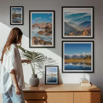 Billedsæt over sofa med motiver af bjerge, hav og fyrtårne