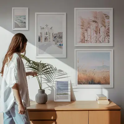 Billedsæt over sofa med motiv af stilfulde kystlandskaber