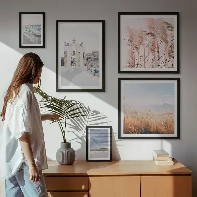 Billedsæt over sofa med motiv af stilfulde kystlandskaber