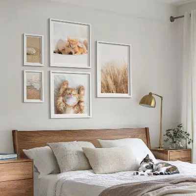 Billedsæt over sofa med søde dyr og landskaber