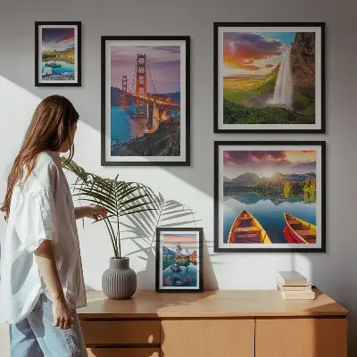 Billedsæt over sofa med motiver af landskaber, natur og broer i USA
