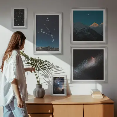 Billedsæt over sofa med kosmiske motiver af galakser