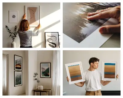 Billedsæt over sofa med kosmiske motiver af galakser