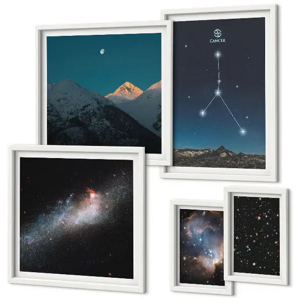 Billedkomposition til væg med motiver af den kosmiske nattehimmel