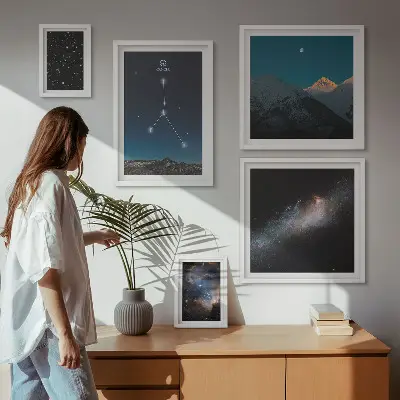 Billedkomposition til væg med motiver af den kosmiske nattehimmel