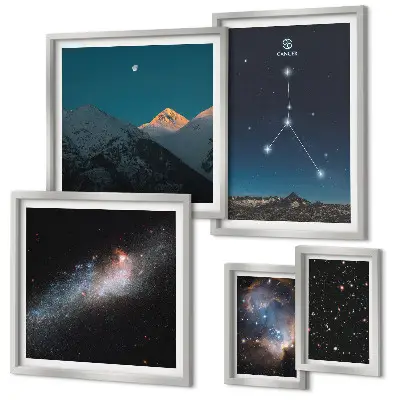 Billedkomposition til væg med motiver af den kosmiske nattehimmel
