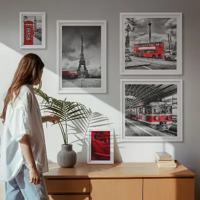 Billedsæt til vægophæng over sofa med arkitektoniske ikoner og køretøjer