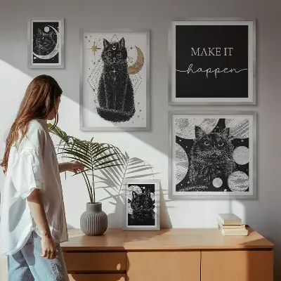 Billedkomposition til væggen med sorte katte i boho-stil