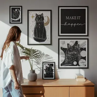 Billedkomposition til væggen med sorte katte i boho-stil