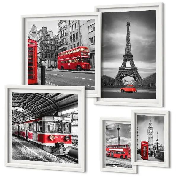 Billedsæt over sofa med motiv af udsigt over London og Paris