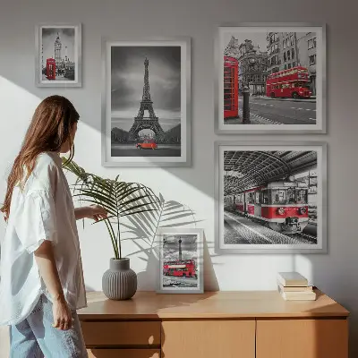 Billedsæt over sofa med motiv af udsigt over London og Paris