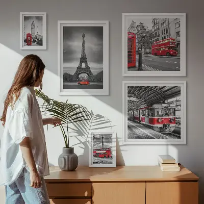 Billedsæt over sofa med motiv af udsigt over London og Paris