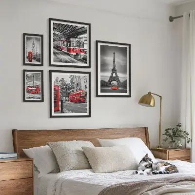 Billedsæt over sofa med motiv af udsigt over London og Paris