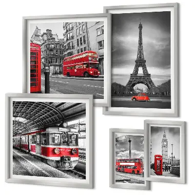 Billedsæt over sofa med motiv af udsigt over London og Paris