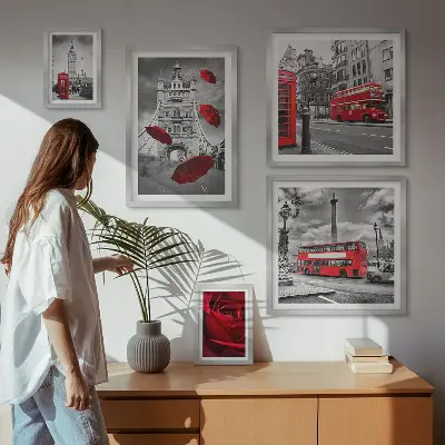 Billedkomposition til væg med London-motiver i røde nuancer