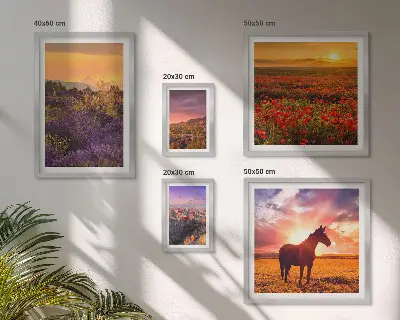 Billedsæt over sofa med motiv af landskaber med naturheste og blomster