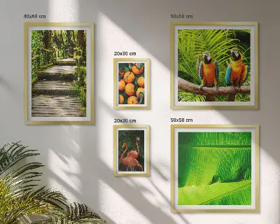 Billedsæt med tropiske naturfrugtmotiver til ophængning over sofaen