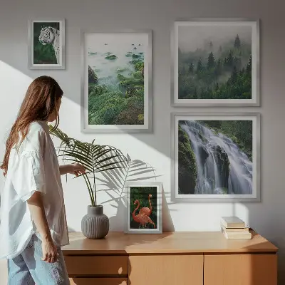 Billedkomposition til væg med natur, vilde dyr og landskaber