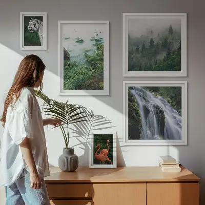 Billedkomposition til væg med natur, vilde dyr og landskaber