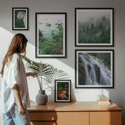 Billedkomposition til væg med natur, vilde dyr og landskaber