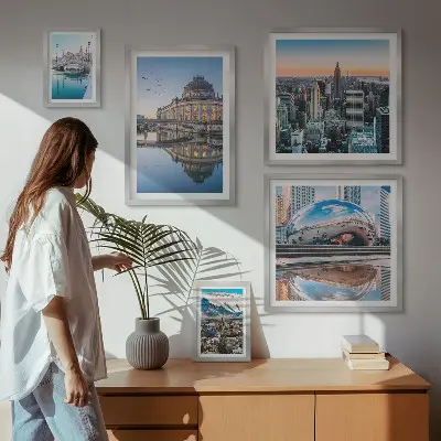 Billedkomposition til væg med bylandskaber, arkitektur og natur