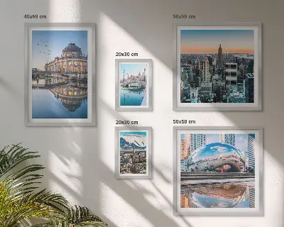 Billedkomposition til væg med bylandskaber, arkitektur og natur