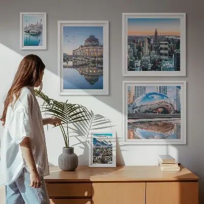 Billedkomposition til væg med bylandskaber, arkitektur og natur