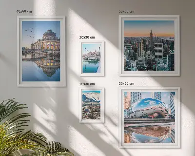 Billedkomposition til væg med bylandskaber, arkitektur og natur
