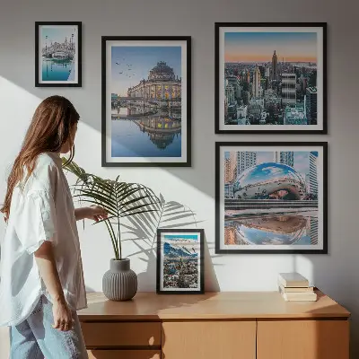 Billedkomposition til væg med bylandskaber, arkitektur og natur