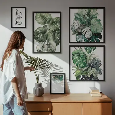 Billedsæt med plantemotiver og citater abstrakt kunst til ophæng over sofa