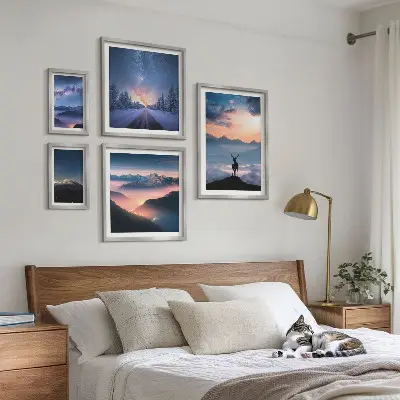 Billedsæt af bjerglandskaber om natten til ophængning over sofa