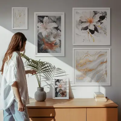 Billedkomposition til væg vægdekoration med elegant blomstermotiv i marmorstil
