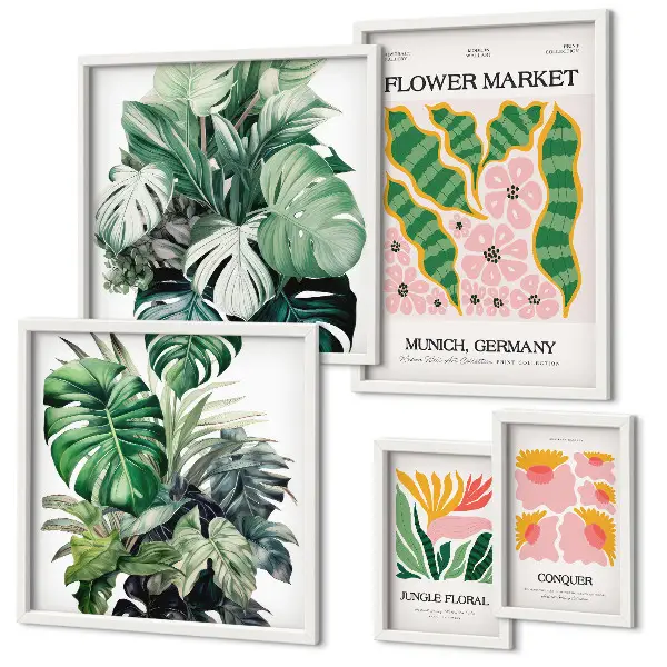 Billedkomposition til væg med plantemotiver i boho-stil