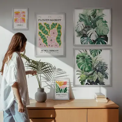 Billedkomposition til væg med plantemotiver i boho-stil
