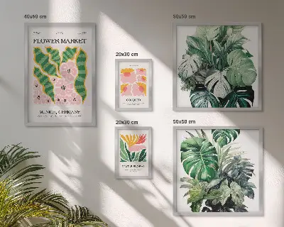 Billedkomposition til væg med plantemotiver i boho-stil