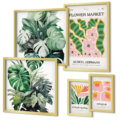 Billedkomposition til væg med plantemotiver i boho-stil
