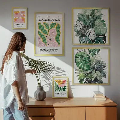Billedkomposition til væg med plantemotiver i boho-stil